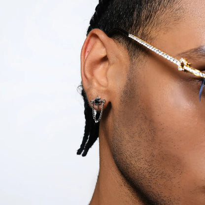 North Star Diamond Stud Earrings with Chain Black Worn by Male Model