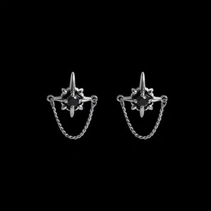 North Star Diamond Stud Earrings with Chain Black