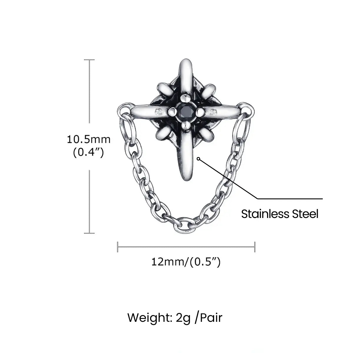 North Star Diamond Stud Earrings with Chain Stainless Steel Dimensions and Weight