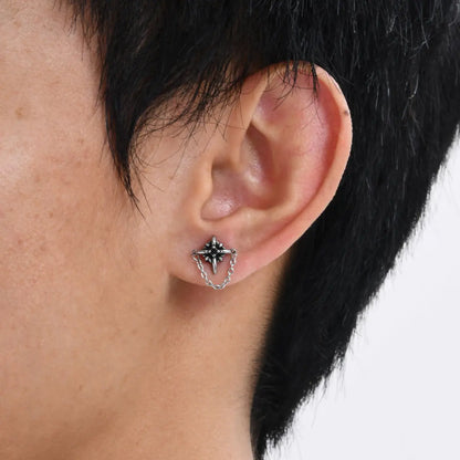 North Star Diamond Stud Earrings with Chain Stainless Steel Worn by Male Model