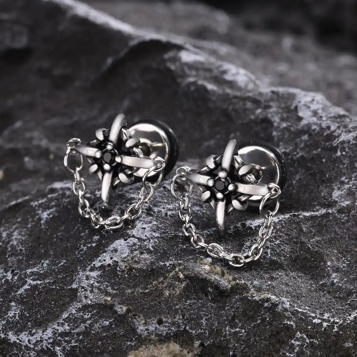 North Star Diamond Stud Earrings with Chain Stainless Steel Details