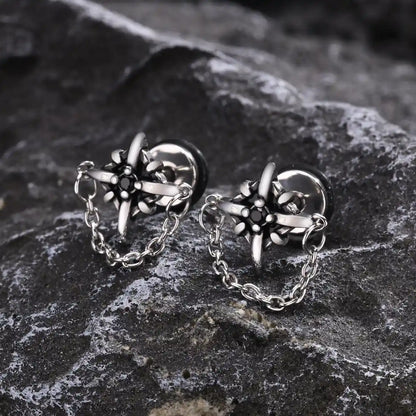 North Star Diamond Stud Earrings with Chain Stainless Steel Details