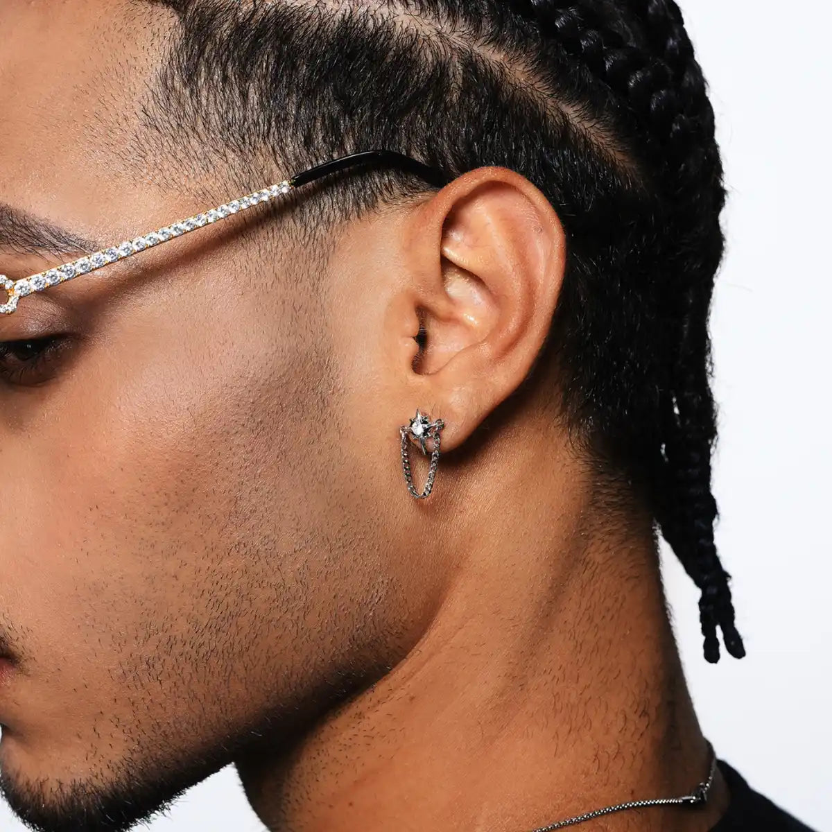 North Star Diamond Stud Earrings with Chain White Worn by Male Model