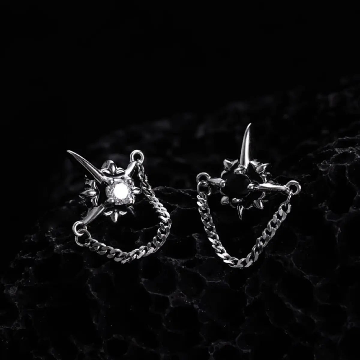North Star Diamond Stud Earrings with Chain White and Black