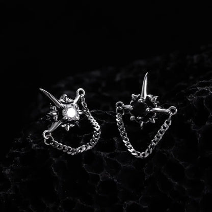 North Star Diamond Stud Earrings with Chain White and Black