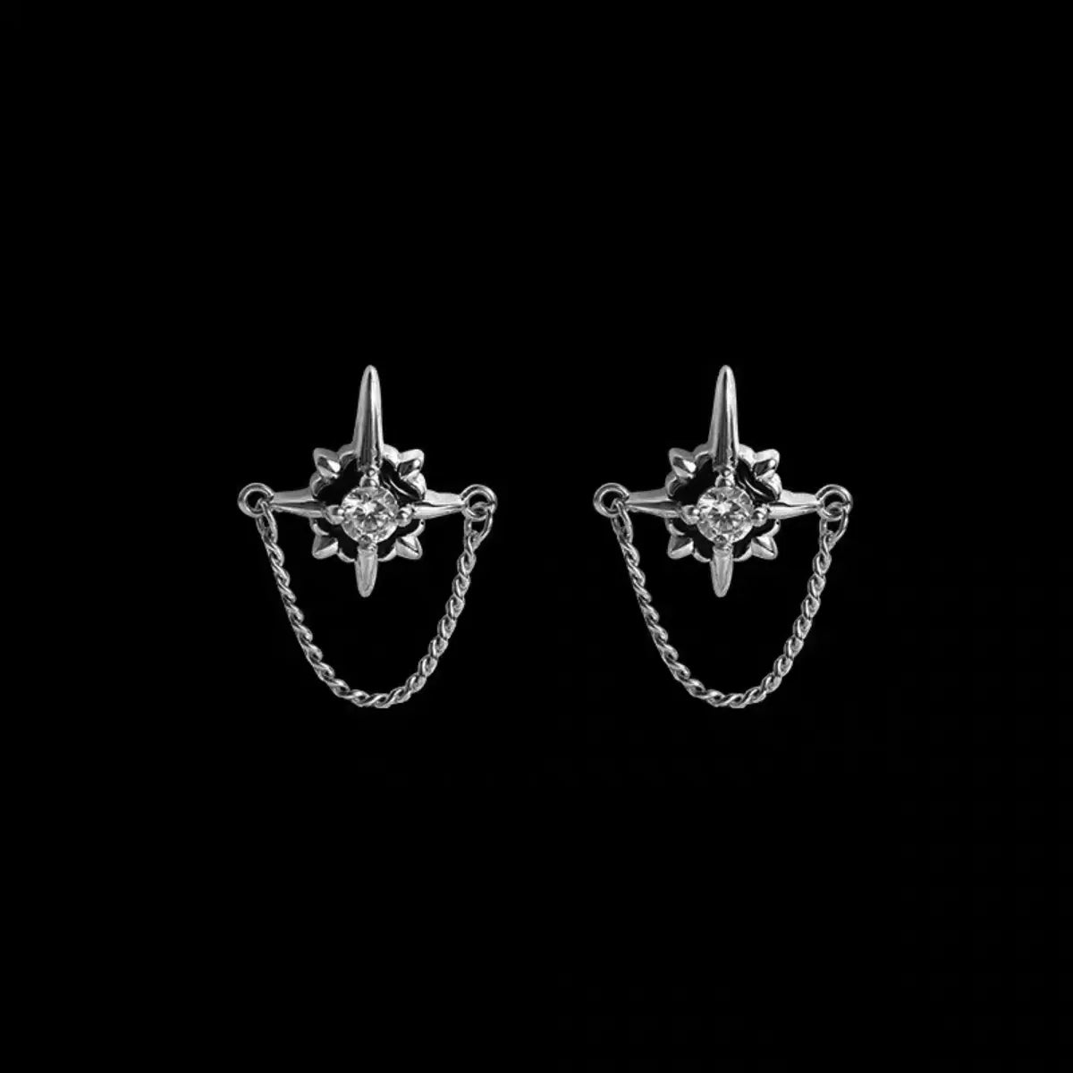 North Star Diamond Stud Earrings with Chain White