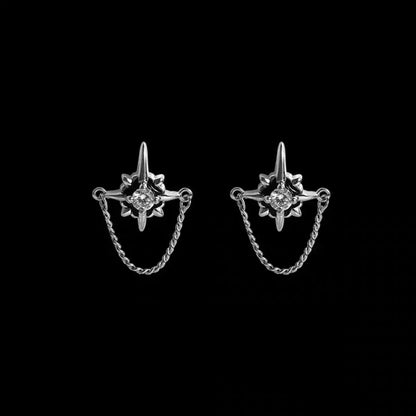 North Star Diamond Stud Earrings with Chain White