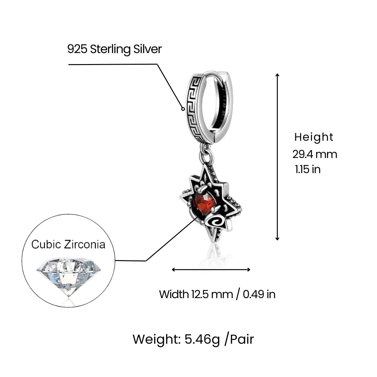 North Star Drop Hoop Earrings Sterling Silver Dimensions and Weight