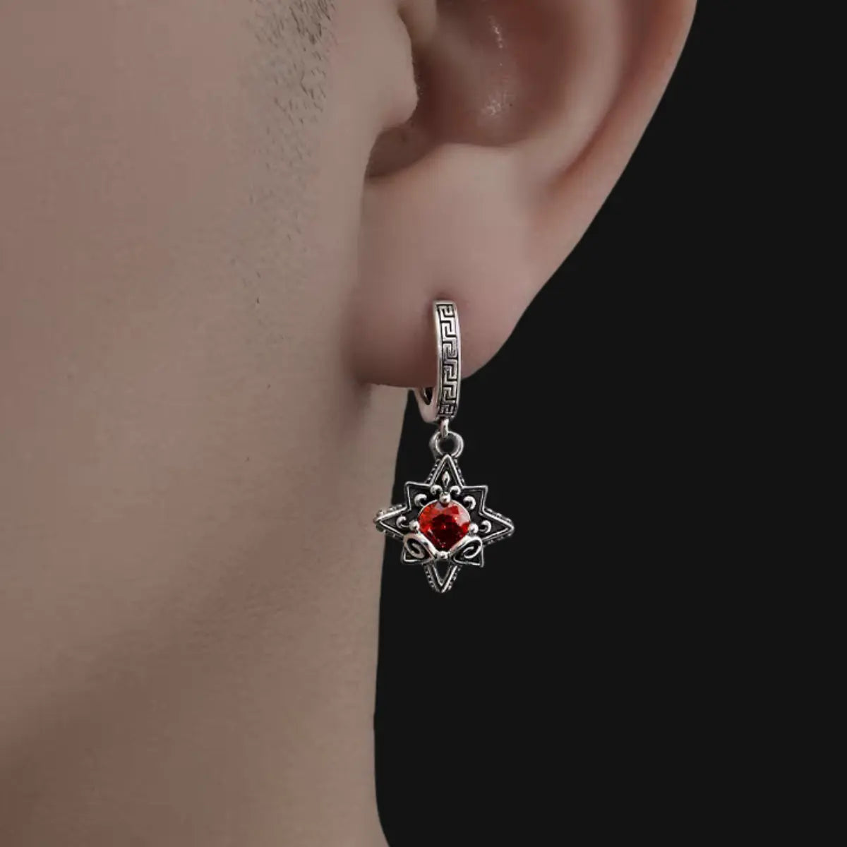 North Star Drop Hoop Earrings Sterling Silver Worn by Male Model