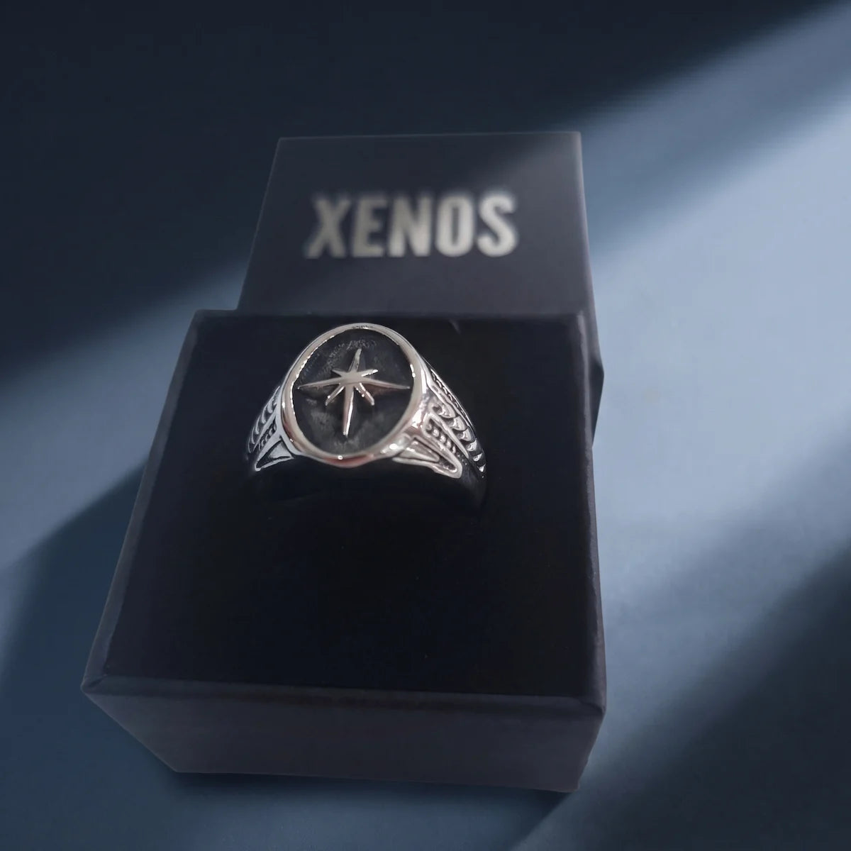 North Star Signet Ring Silver Presented in Xenos Jewelry Packaging Box