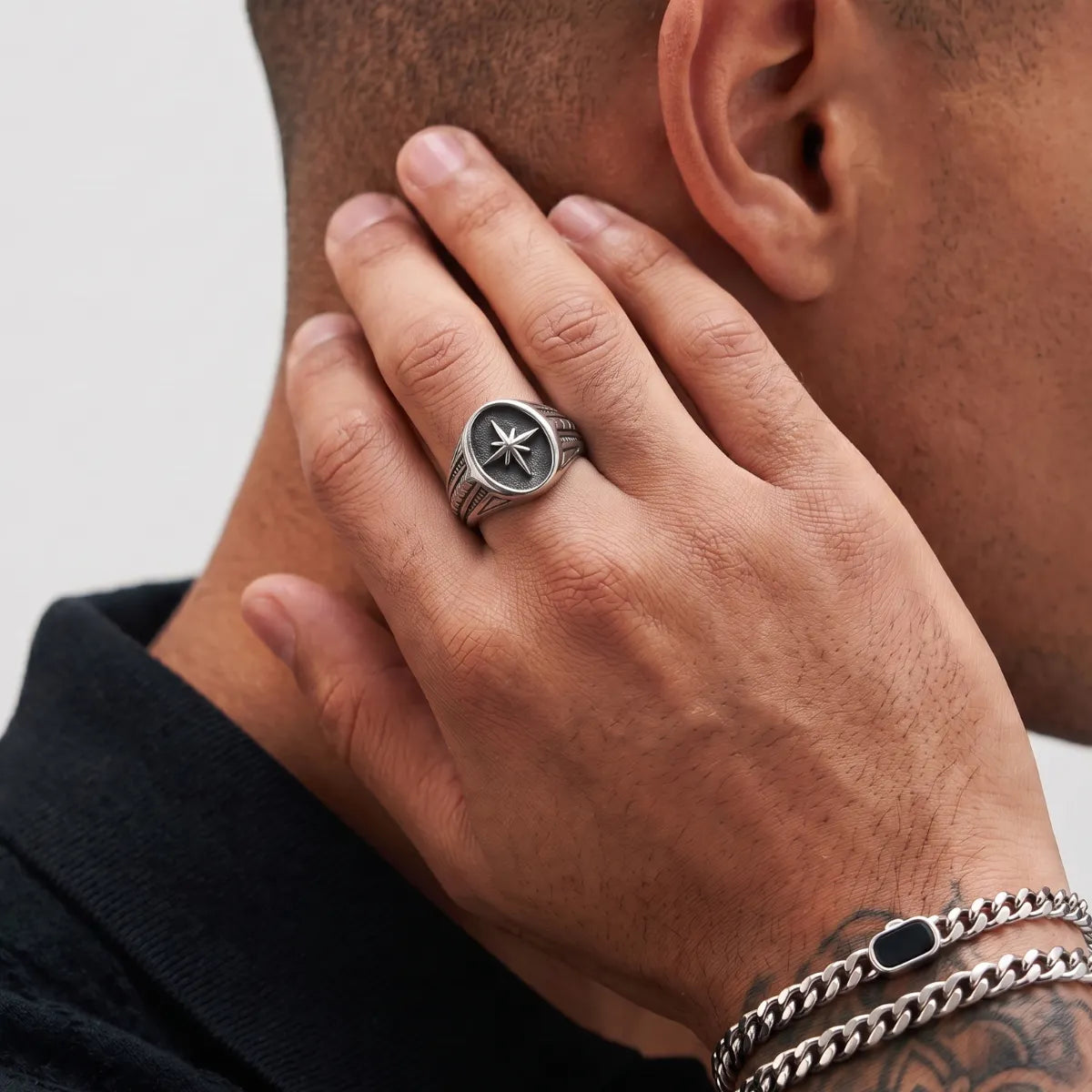 North Star Signet Ring Silver Worn on Hand Close Up