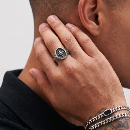 North Star Signet Ring Silver Worn on Hand Close Up