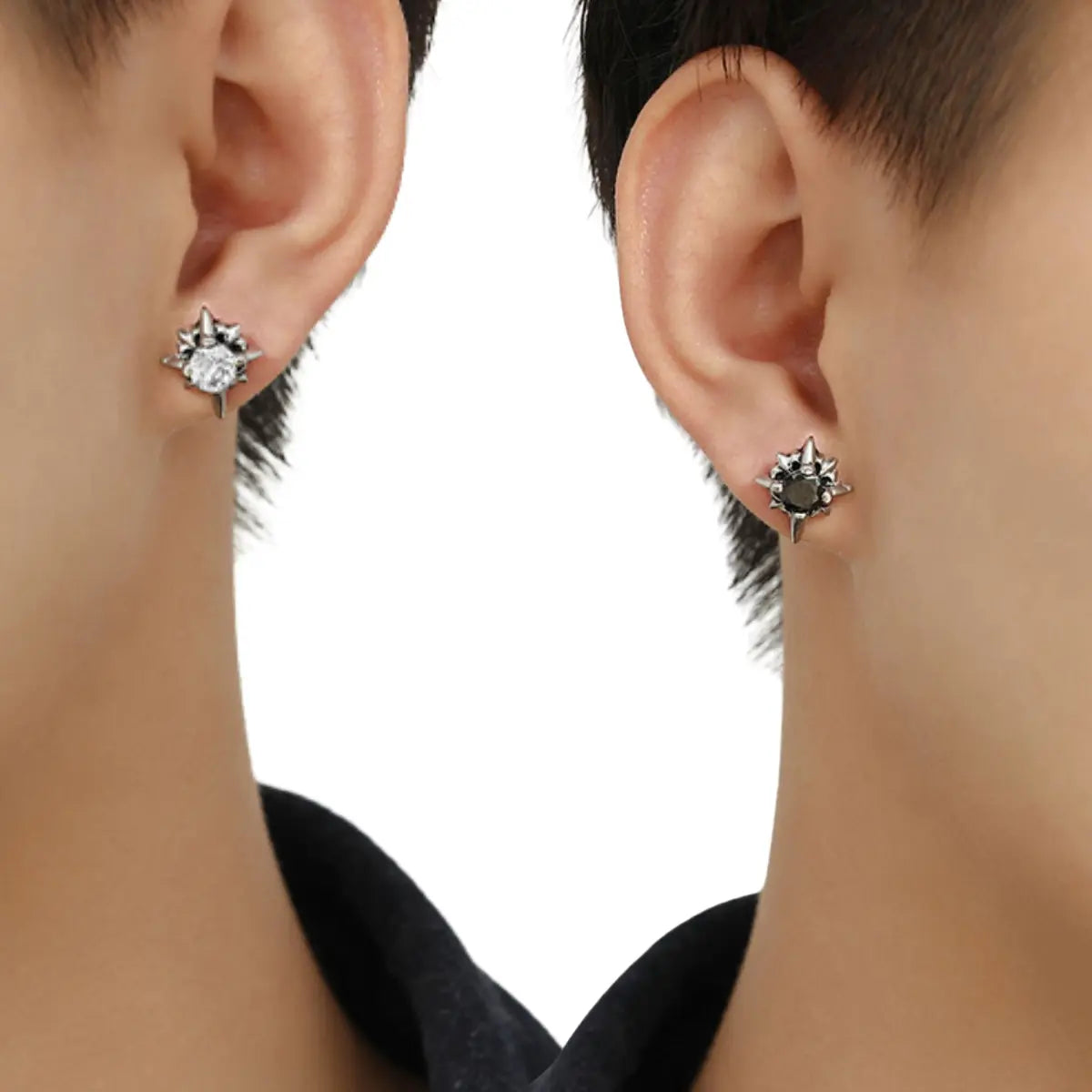 North Star Stud Earrings in Stainless Steel Black and White Stones Worn by Male Model
