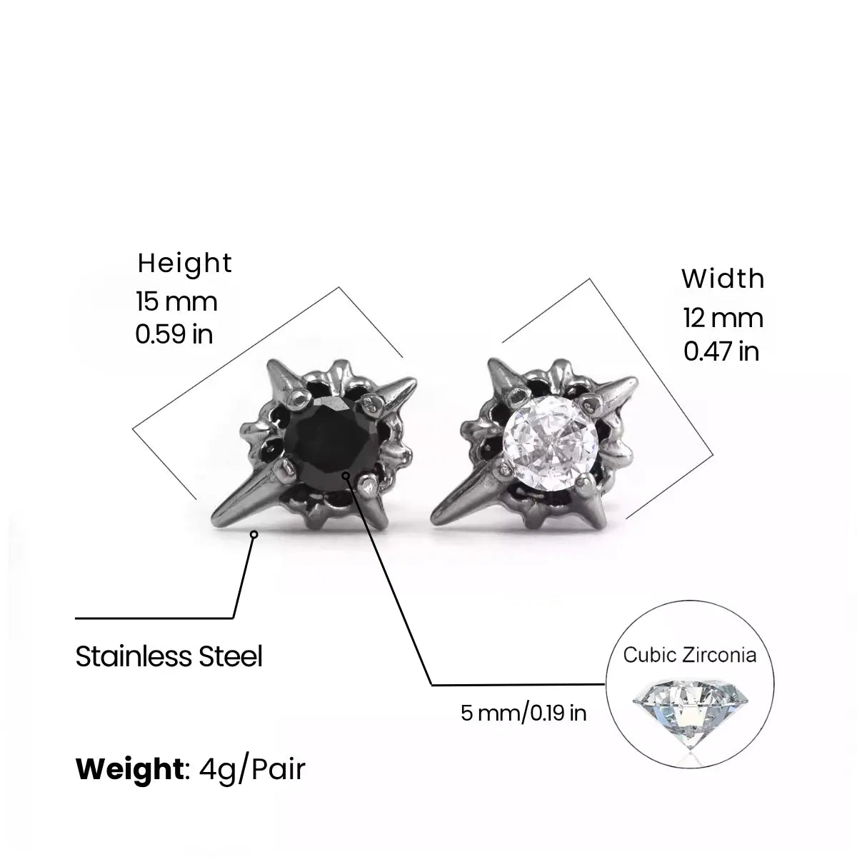 North Star Stud Earrings in Stainless Steel Dimensions and Weight