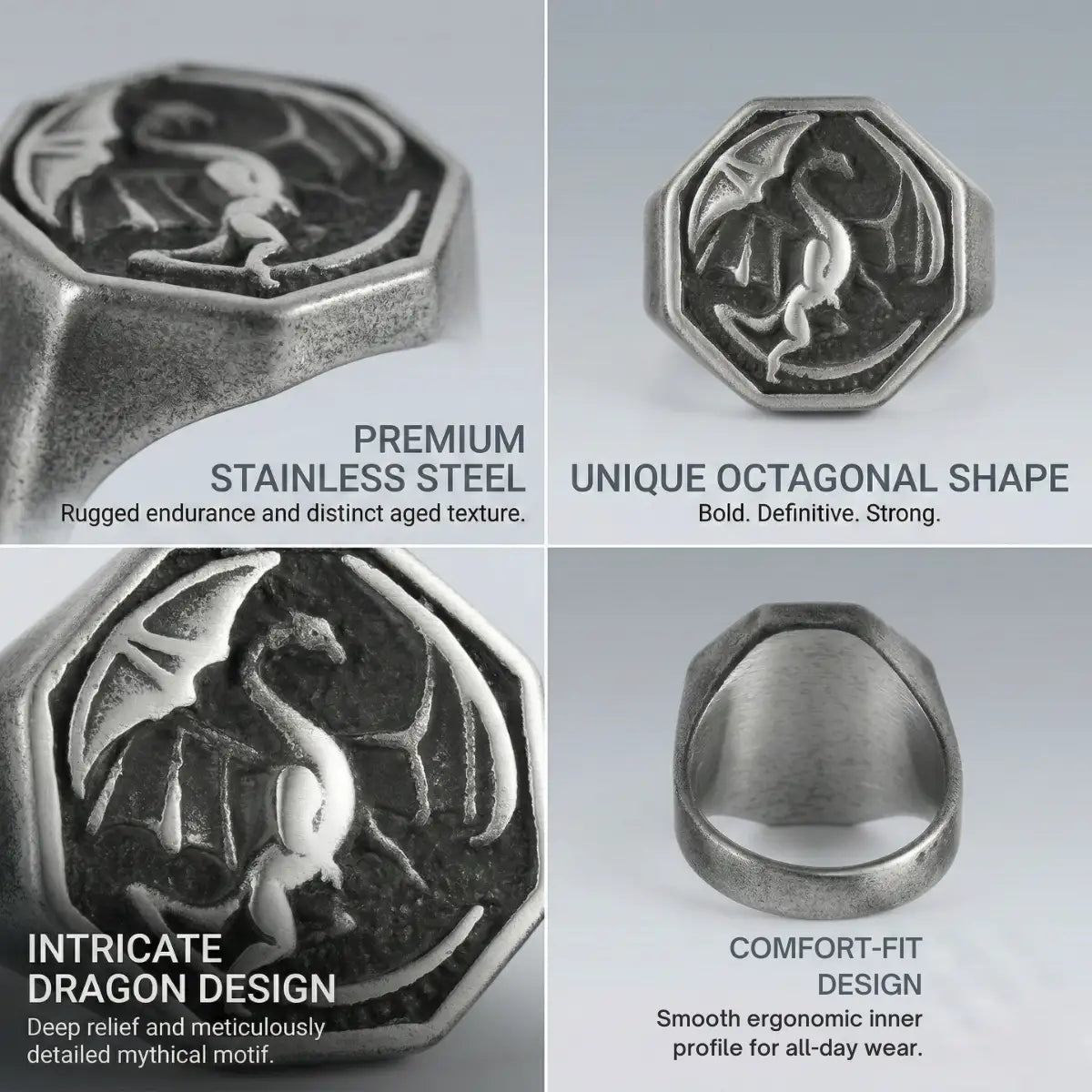 Octagon Dragon Signet Ring Features