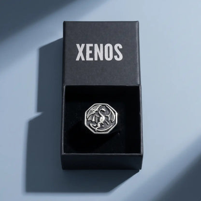 Octagon Dragon Signet Ring Inside a Xenos Jewelry Box