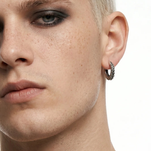 Octopus Tentacle Hoop Earrings Worn by Male Model Side View