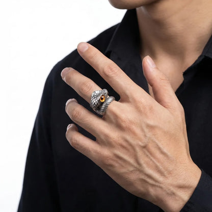 Orange Eye Viper Ring Worn by Male Model