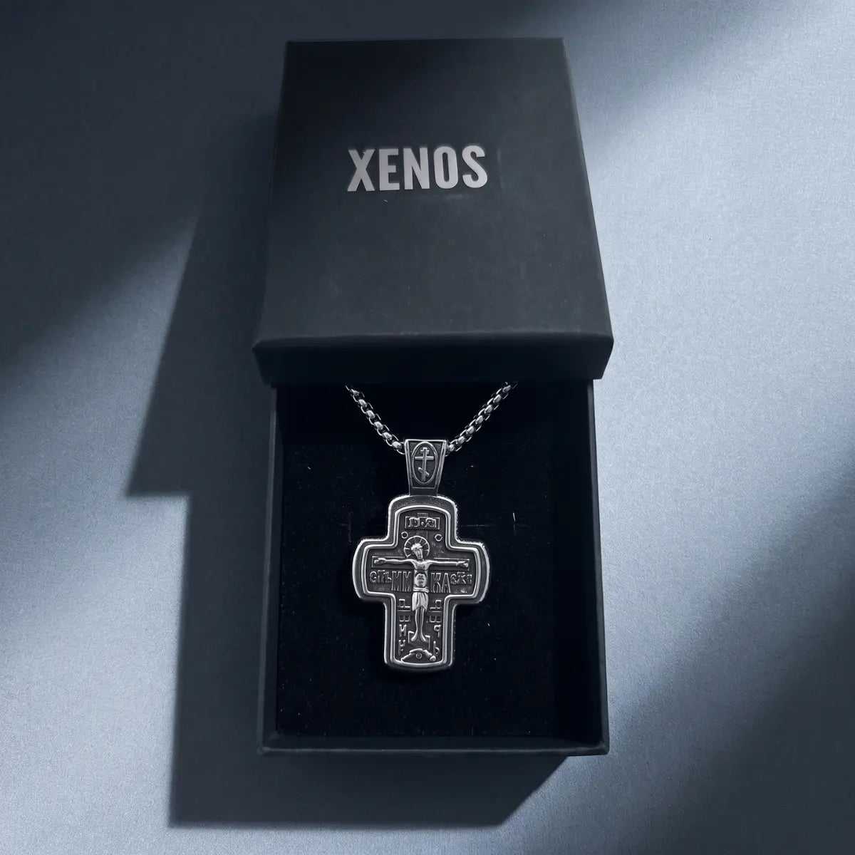 Orthodox Cross Necklace with Cyrillic Inscriptions Silver Presented in Xenos Jewelry Packaging Box