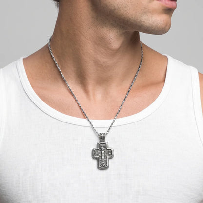 Orthodox Cross Necklace with Cyrillic Inscriptions Silver Worn by Male Model
