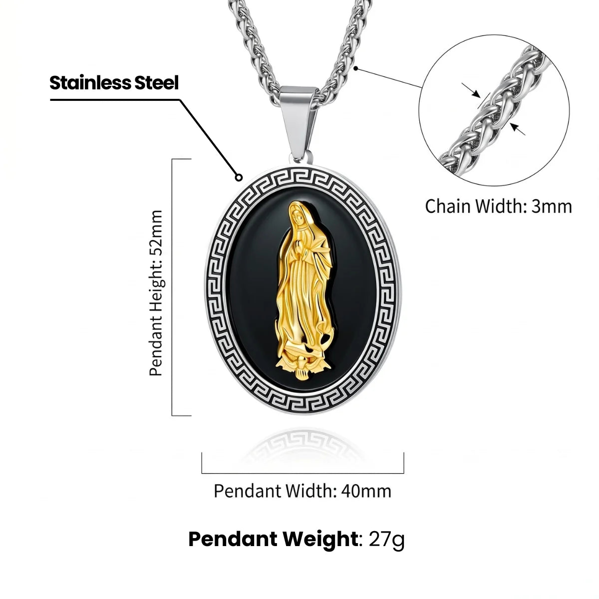 Our Lady of Guadalupe Pendant with Chain Dimensions and Weight