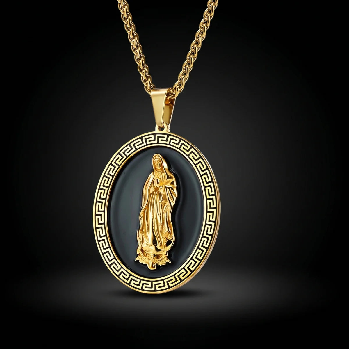 Our Lady of Guadalupe Pendant with Chain Gold Close Up