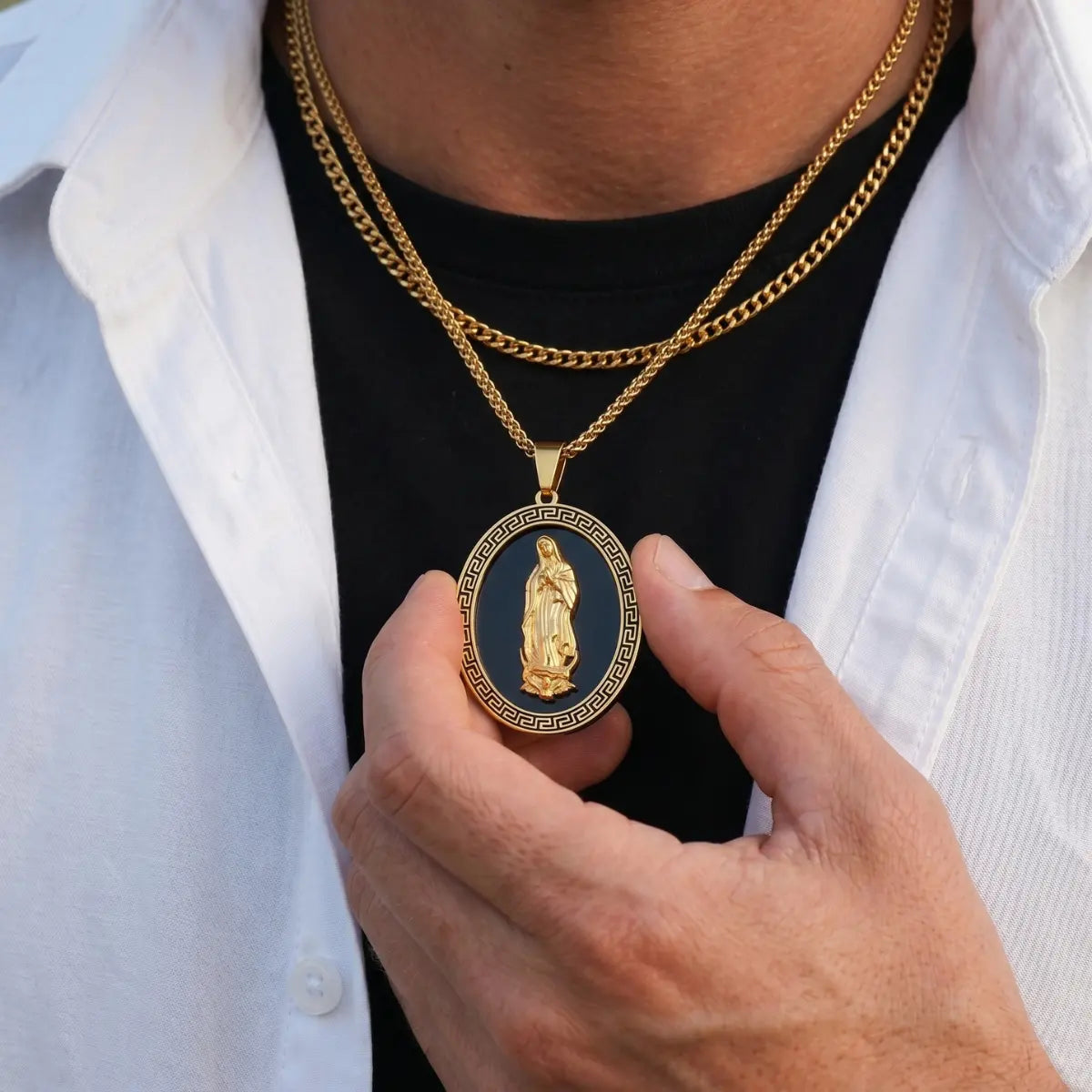 Our Lady of Guadalupe Pendant with Chain Gold Worn by Male Model