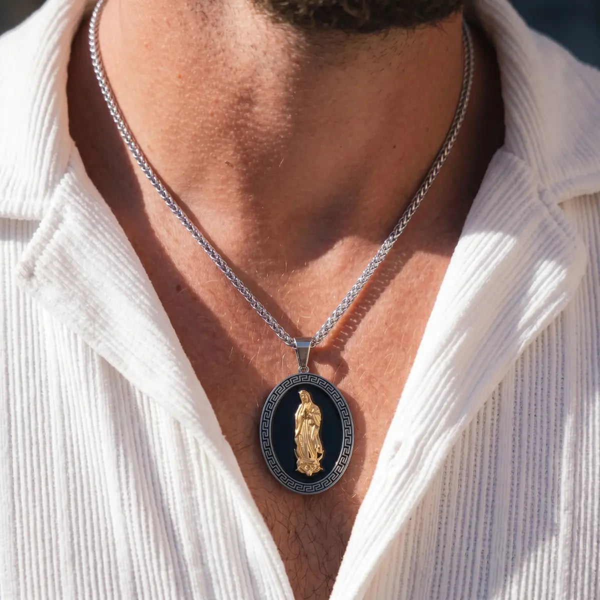 Our Lady of Guadalupe Pendant with Chain Silver Worn by Male Model