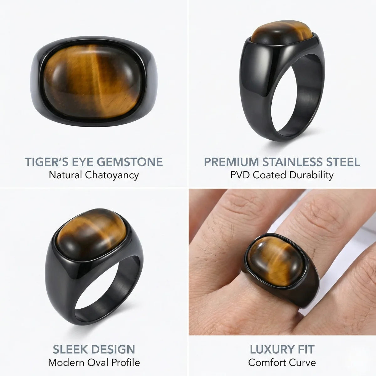 Oval Black Tiger's Eye Ring Features