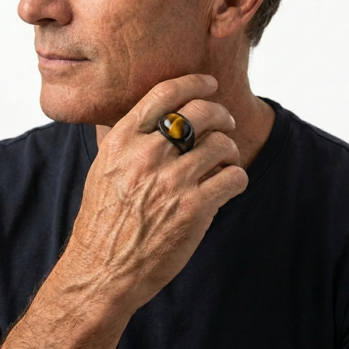 Oval Black Tiger's Eye Ring Worn by Male Model