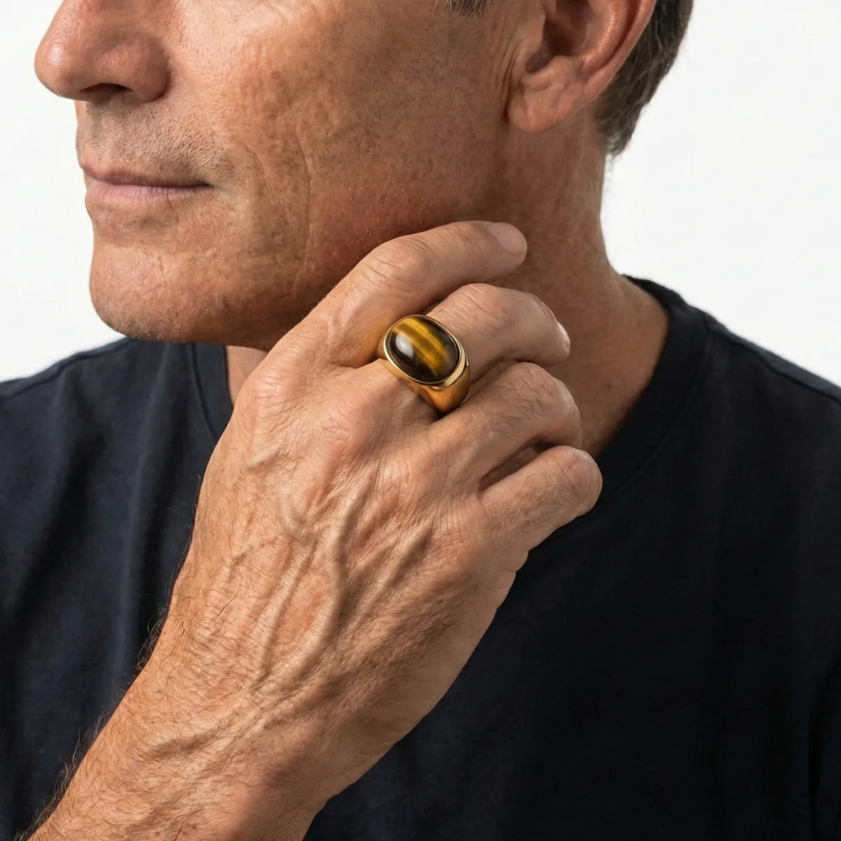 Oval Gold Tiger's Eye Ring Worn by Male Model