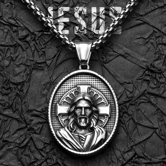 Oval Jesus Cross Medallion Pendant with Chain Hanging Xenos Jewelry