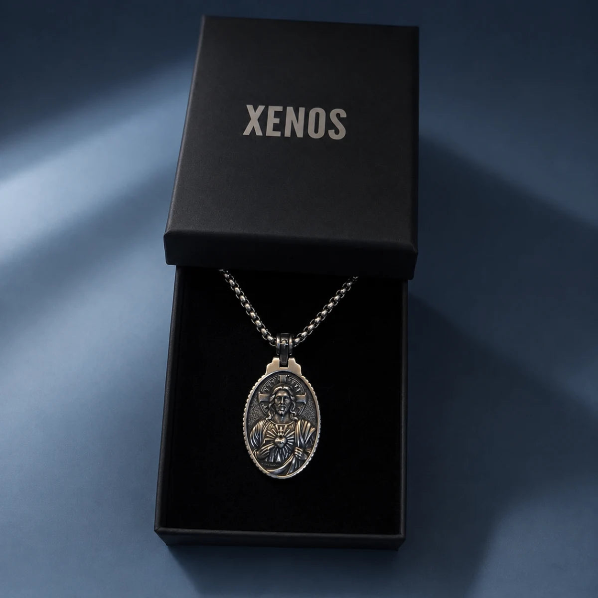 Oval Jesus Cross Pendant with Sacred Heart Silver Presented in Xenos Jewelry Packaging Box