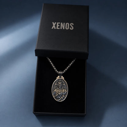 Oval Jesus Cross Pendant with Sacred Heart Silver Presented in Xenos Jewelry Packaging Box