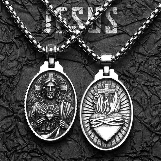 Oval Jesus Cross Pendant with Sacred Heart Xenos Jewelry