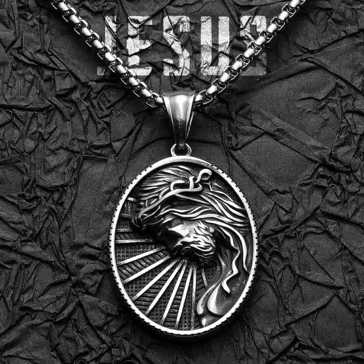 Oval Jesus Pendant Necklace with Crown of Thorns and Rays Xenos Jewelry