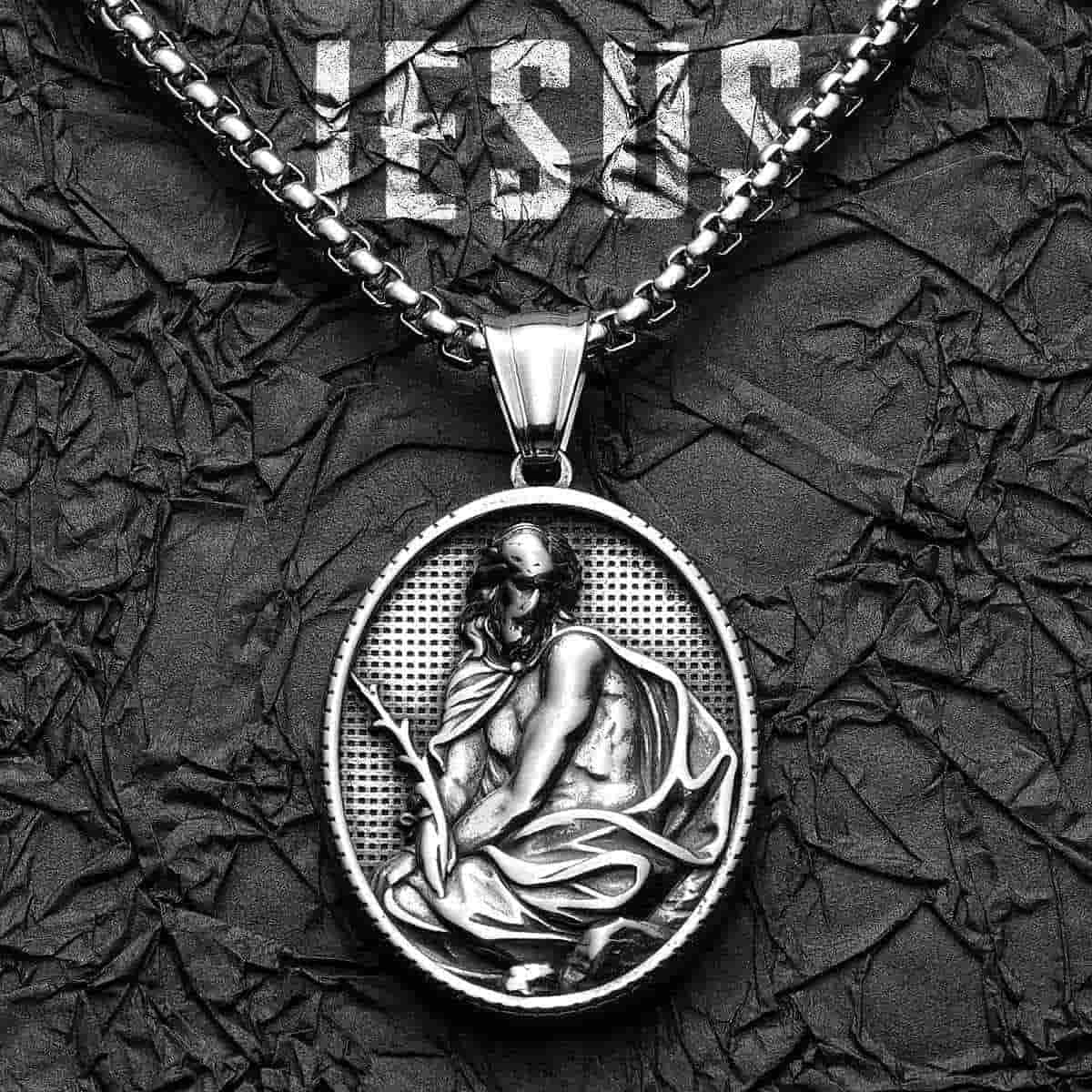 Oval Jesus Pendant Necklace with Robe and Staff Xenos Jewelry