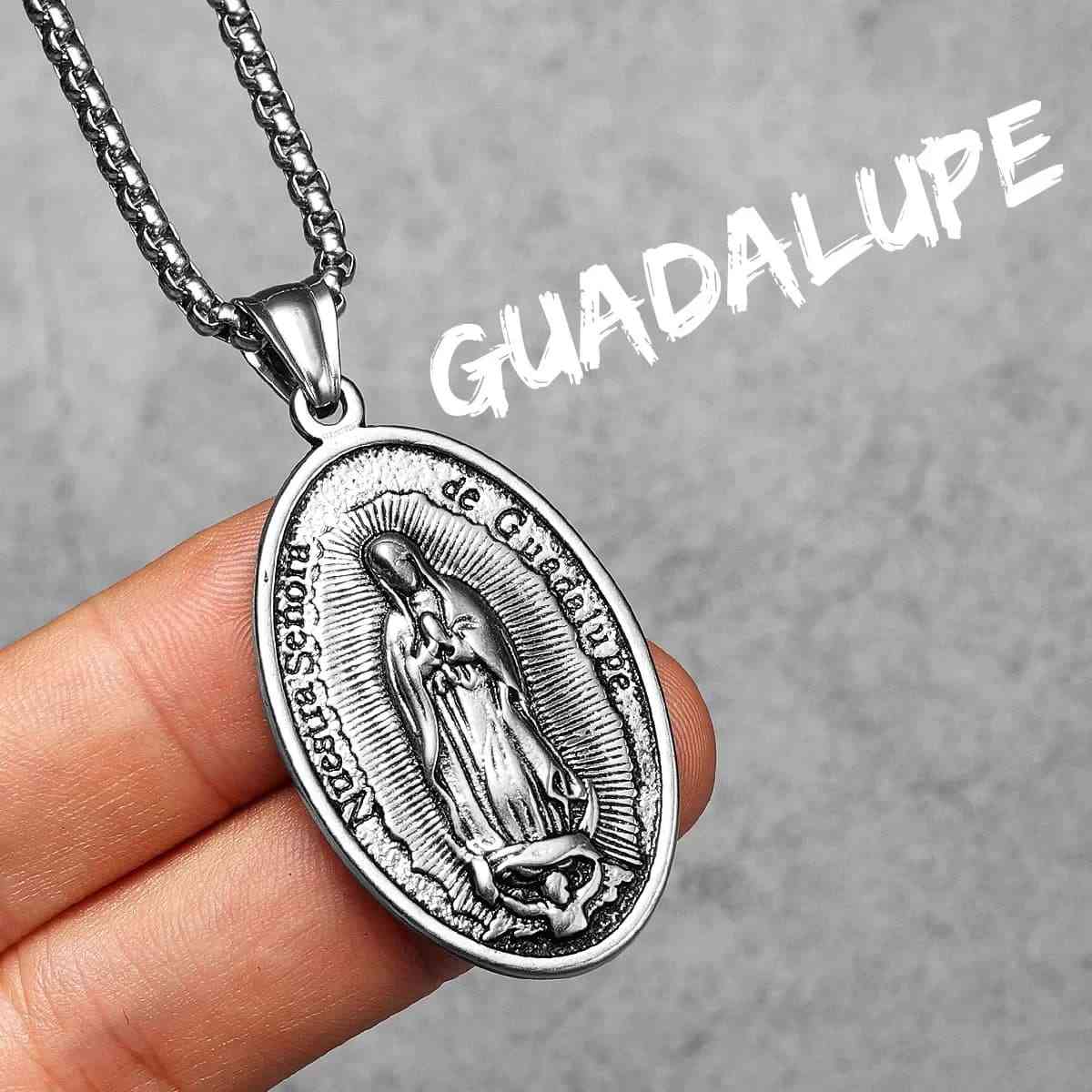 Oval Lady of Guadalupe Necklace Silver Pendant with Chain Xenos Jewelry