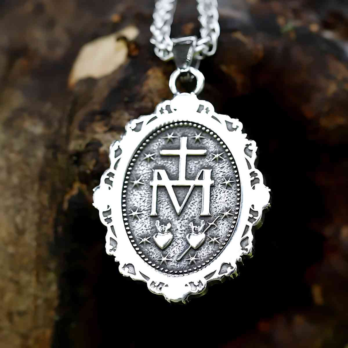 Oval Mother Mary Pendant with Intricate Frame Back Xenos Jewelry