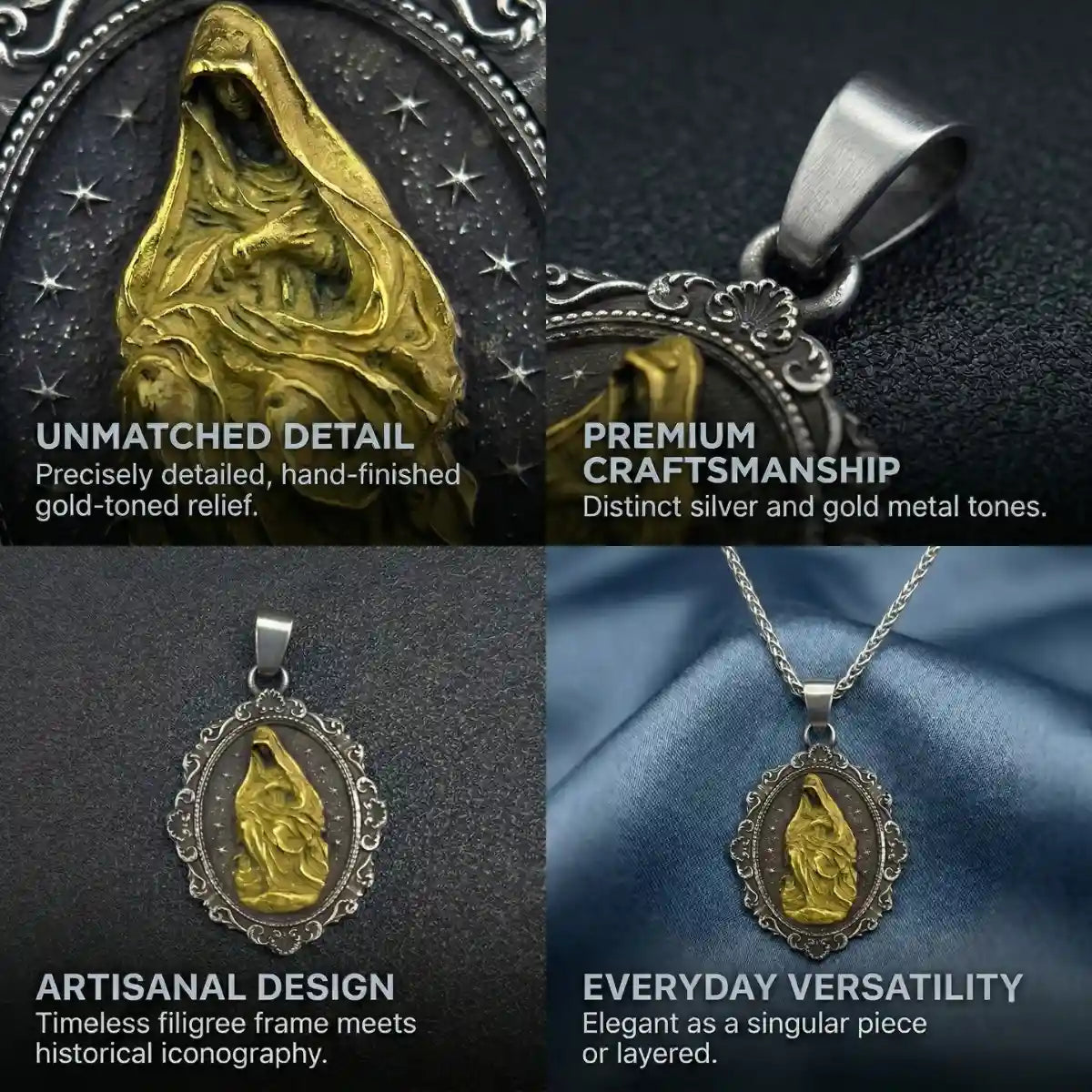 Oval Mother Mary Pendant with Intricate Frame Features