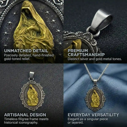 Oval Mother Mary Pendant with Intricate Frame Features