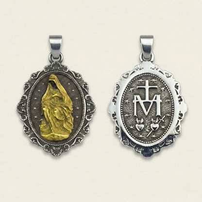 Oval Mother Mary Pendant with Intricate Frame Front and Back Details