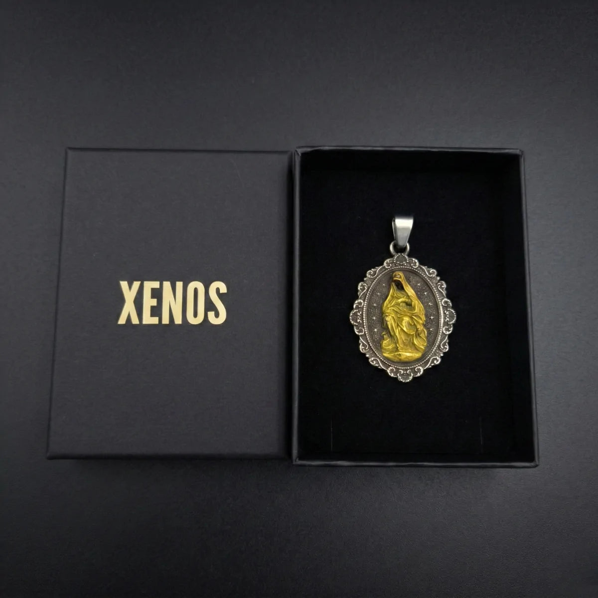 Oval Mother Mary Pendant with Intricate Frame Presented in Box