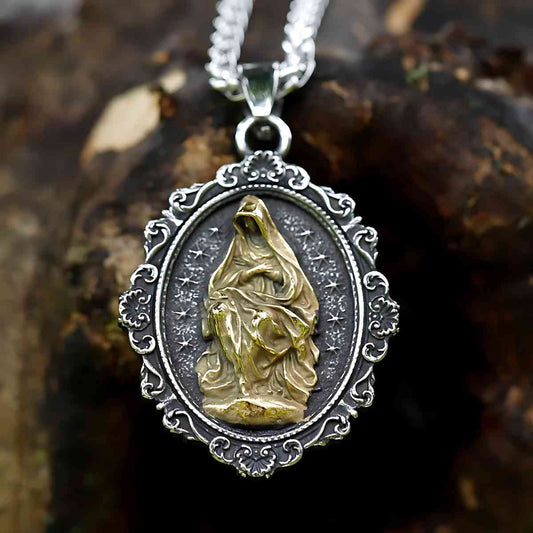 Oval Mother Mary Pendant with Intricate Frame Xenos Jewelry