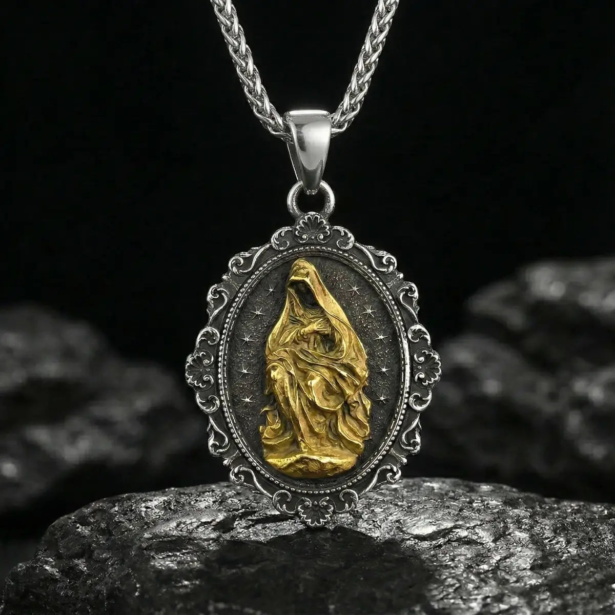 Oval Mother Mary Pendant with Intricate Frame