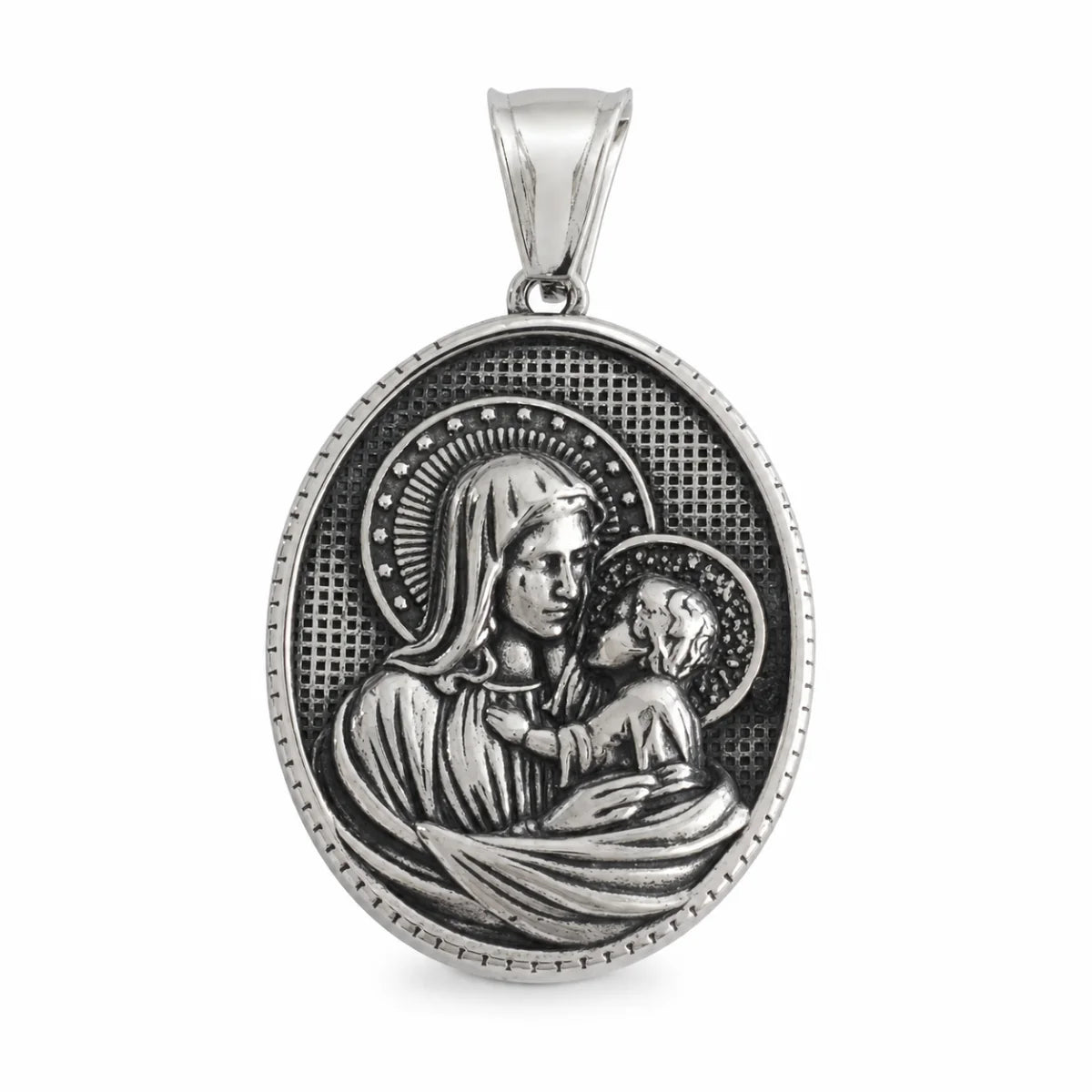 Oval Mother Mary and Child Medal Silver Pendant Only Front View White Background