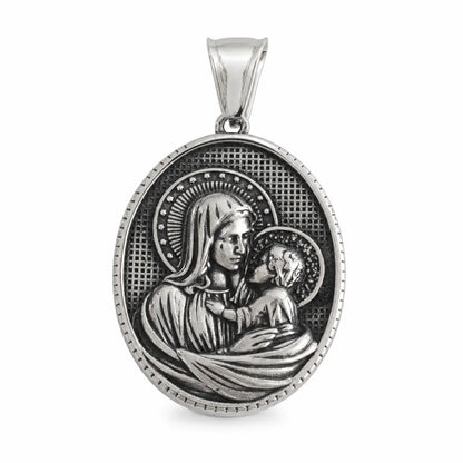 Oval Mother Mary and Child Medal Silver Pendant Only Front View White Background