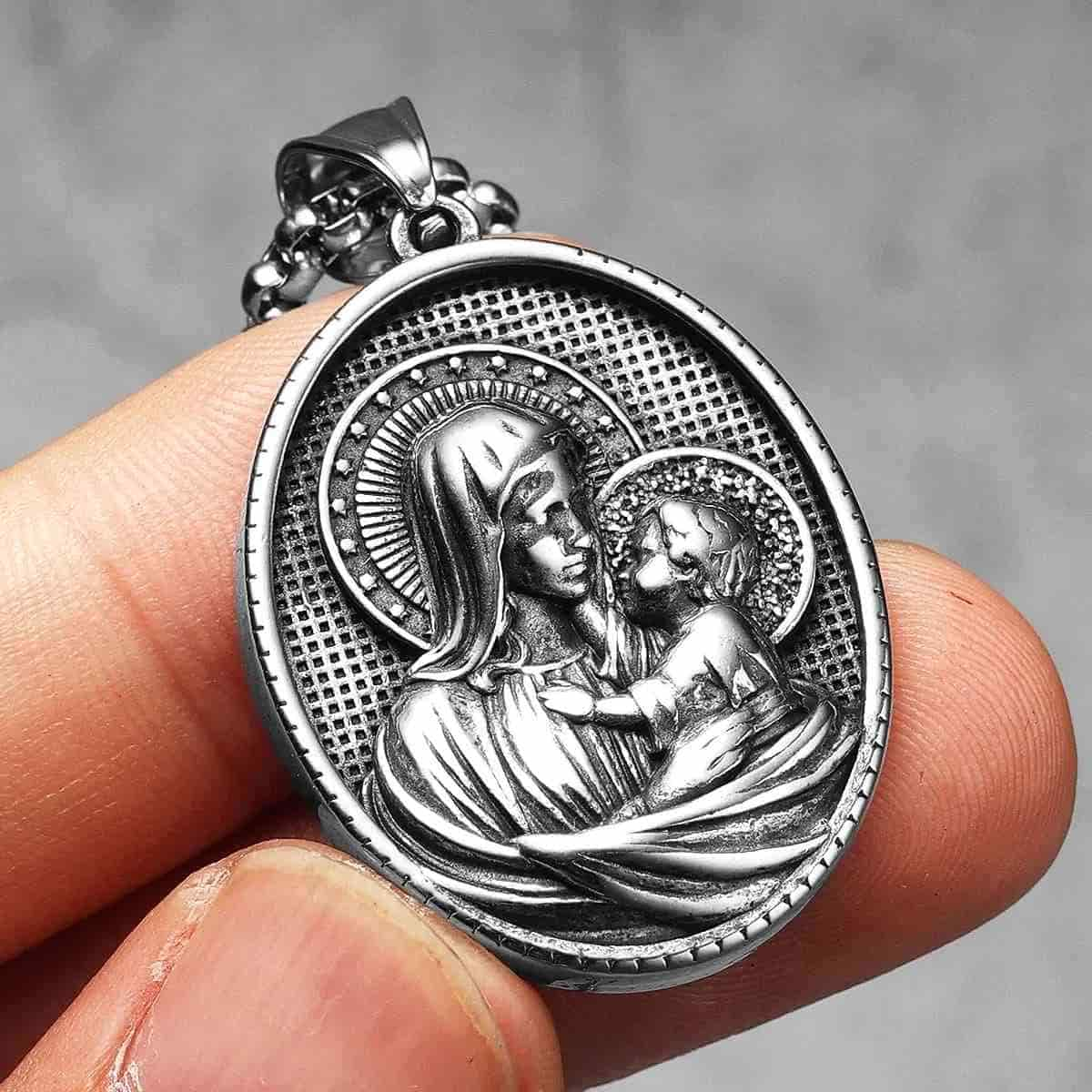 Oval Mother Mary and Child Necklace Front Xenos Jewelry