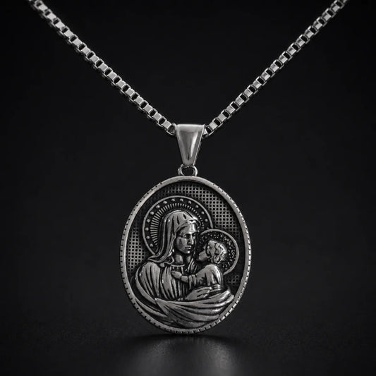 Oval Mother Mary and Child Necklace Silver Close Up Black Background
