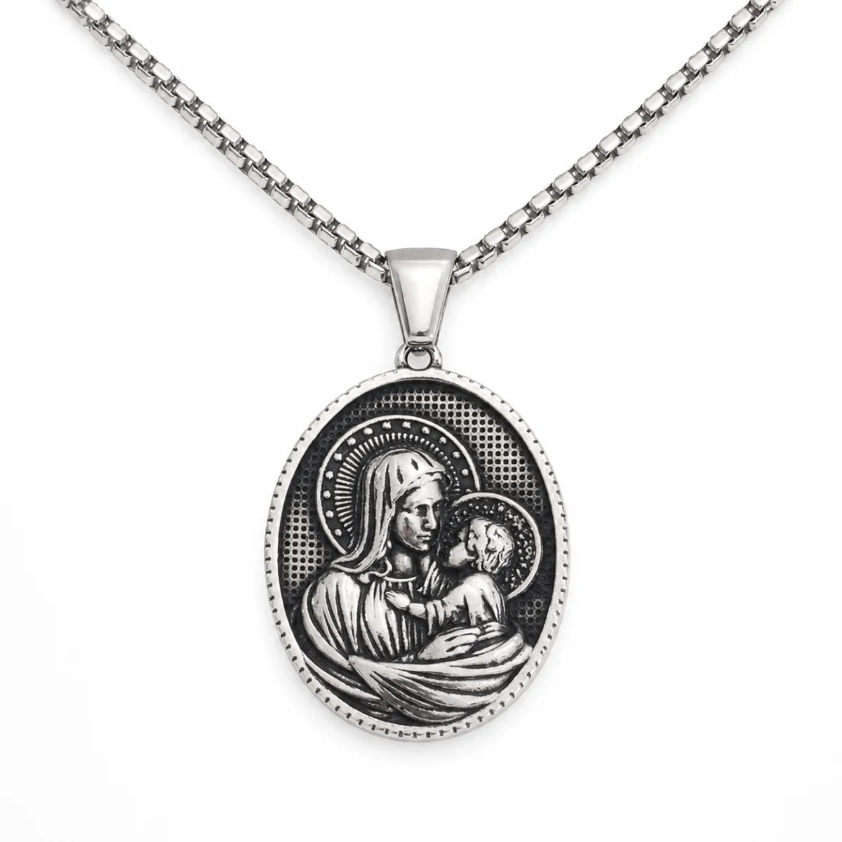 Oval Mother Mary and Child Necklace Silver Pendant with Chain Front View White Background